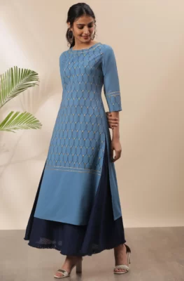 Blue Poly Crepe Ethnic Motifs Straight Kurta