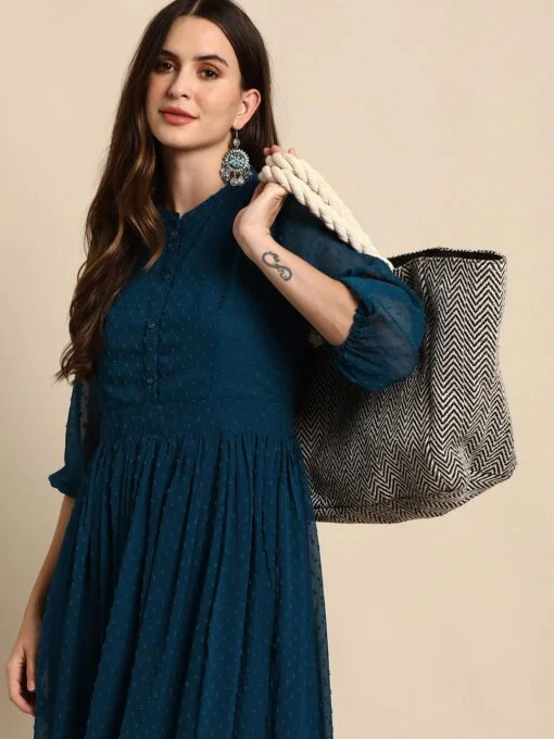Teal Poly Chiffon Self Design Flared Kurta - Image 3