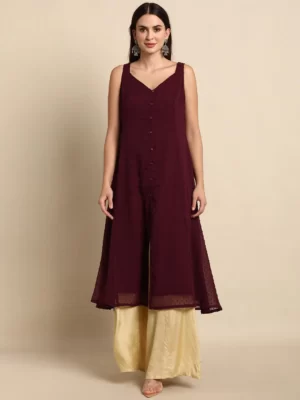 Wine Poly Chiffon Self Design Frontslit Kurta