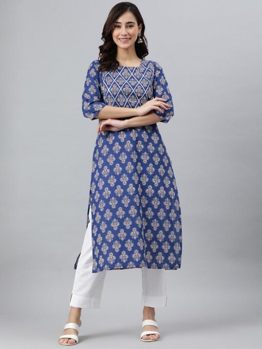 Blue Cotton Floral Print Straight Kurta