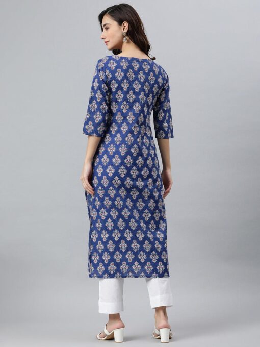 Blue Cotton Floral Print Straight Kurta - Image 2