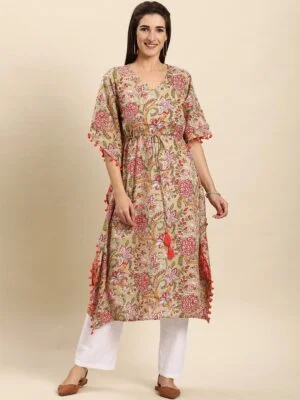 Beige Cotton Floral Print Kaftan Kurta