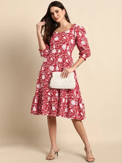 Red Cotton Floral A-Line Western Dress