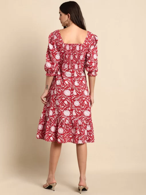 Red Cotton Floral A-Line Western Dress - Image 2