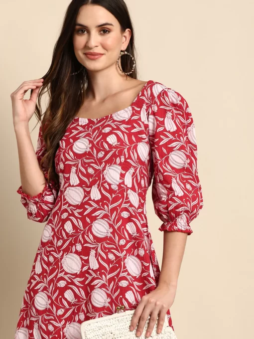 Red Cotton Floral A-Line Western Dress - Image 3