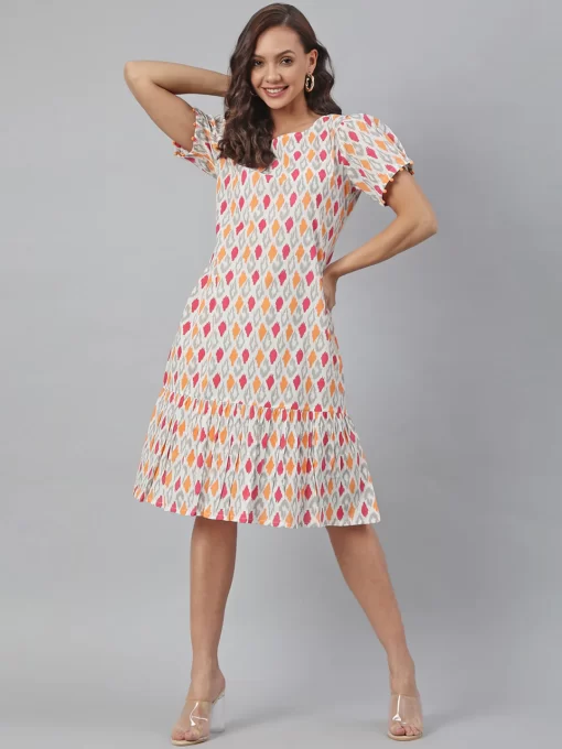 Off White Cotton Printed A-Line Western Dress