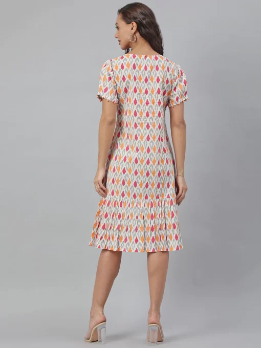 Off White Cotton Printed A-Line Western Dress - Image 2