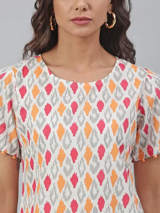 Off White Cotton Printed A-Line Western Dress - Image 3