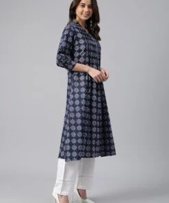Navy Blue Cotton Floral Print A-Line Kurta