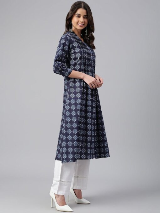 Navy Blue Cotton Floral Print A-Line Kurta