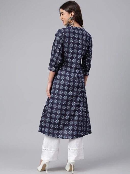 Navy Blue Cotton Floral Print A-Line Kurta - Image 2