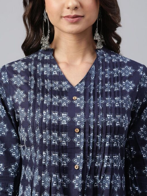 Navy Blue Cotton Floral Print A-Line Kurta - Image 3