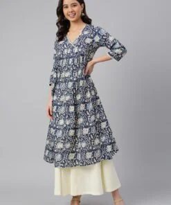 Navy Blue Cotton Floral Print Flared Kurta