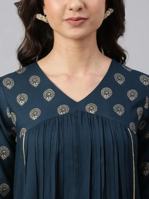 Teal Rayon Solid A-Line Kurta - Image 3