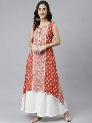 Rust Rayon Flex Block Print A-Line Kurta