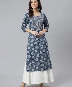 Navy Blue Cotton Floral Block Print Straight Kurta