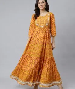 Mustard Cotton Floral Print Flared Kurta