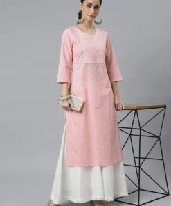 Pink Cotton Bandhni Print Straight Kurta
