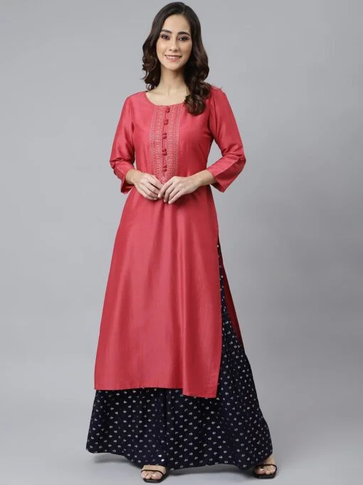 Pink Poly Silk Embroidered Straight Kurta