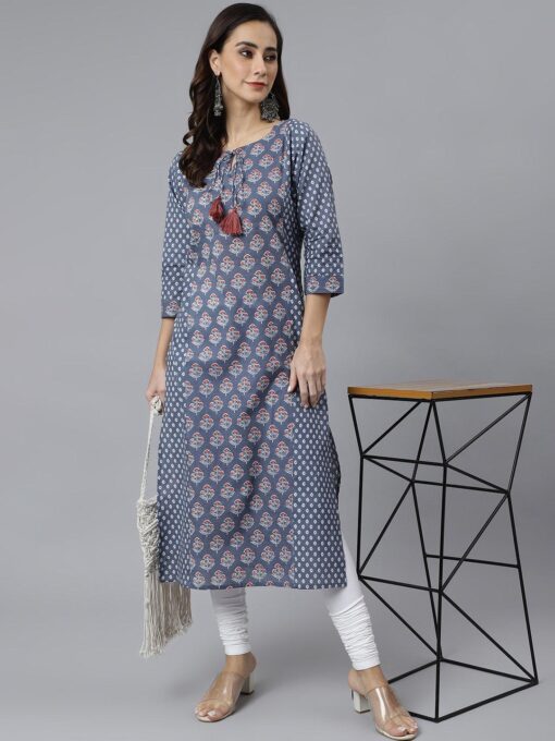 Blue Cotton Block Print Straight Kurta