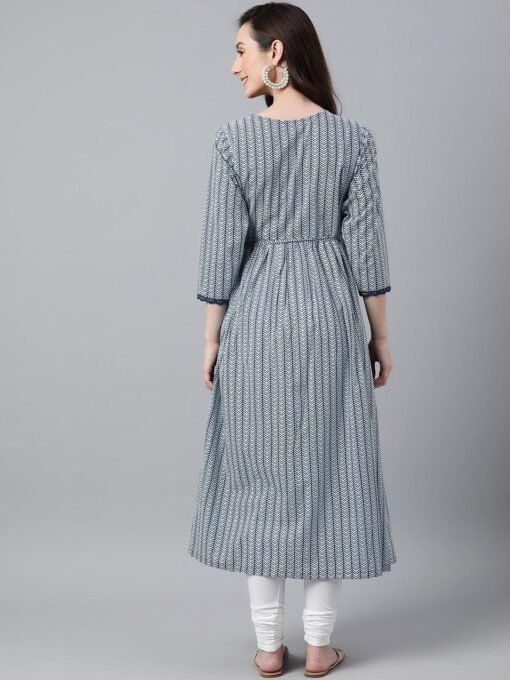 White Cotton Chevron Block Print Angrakha Kurta - Image 2