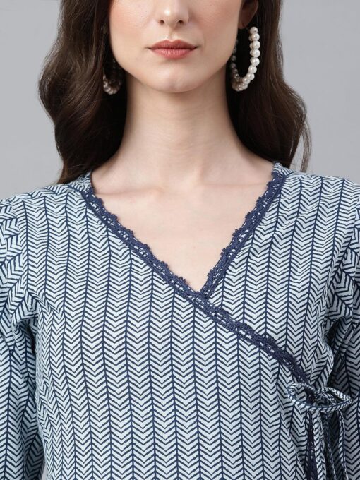White Cotton Chevron Block Print Angrakha Kurta - Image 3