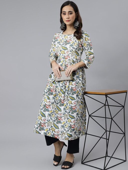 White Cotton Floral Block Print Flared Kurta