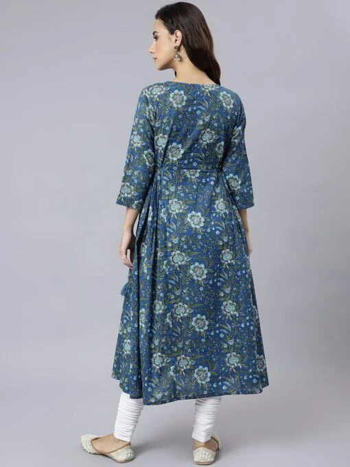 Blue Cotton Floral Print Flared Kurta - Image 2