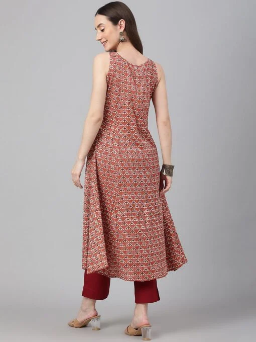 Rust Cotton Geometric A-Line Kurta - Image 2