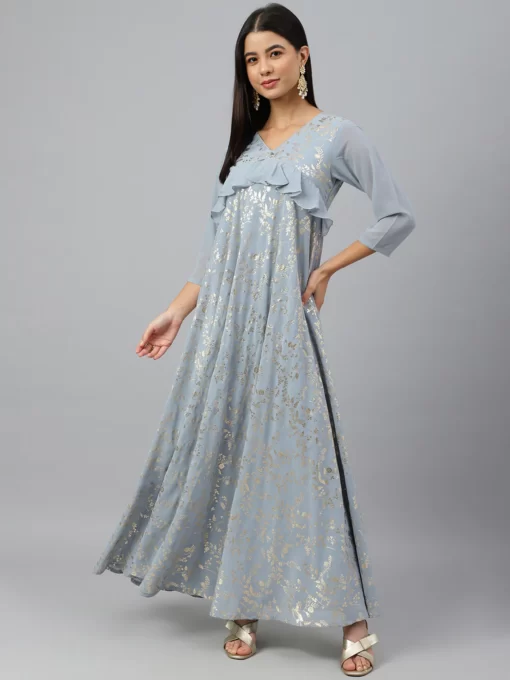 Grey Georgette Floral Foil Print Flared Ethnic Dress
