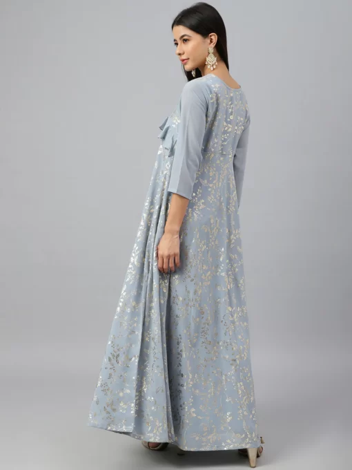 Grey Georgette Floral Foil Print Flared Ethnic Dress - Image 2