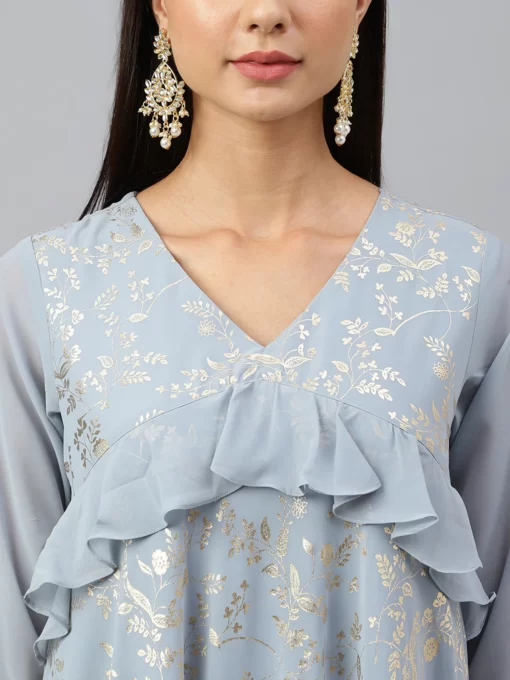 Grey Georgette Floral Foil Print Flared Ethnic Dress - Image 3