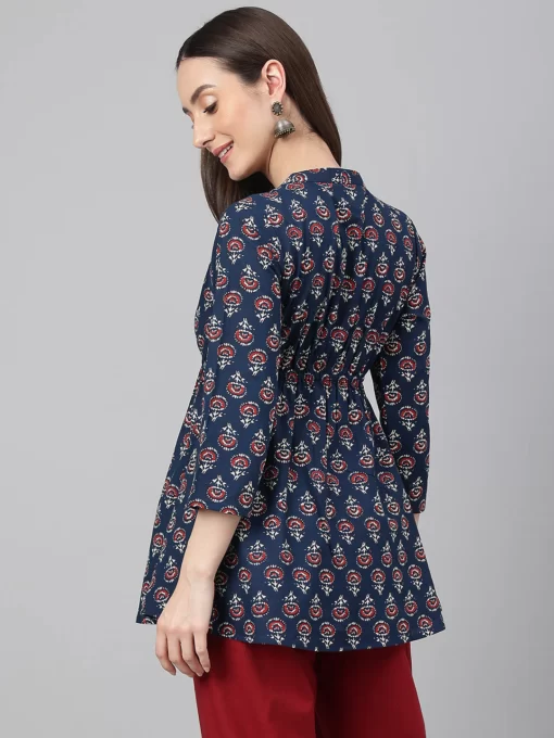 Navy Blue Cotton Floral Print Peplum Top - Image 2