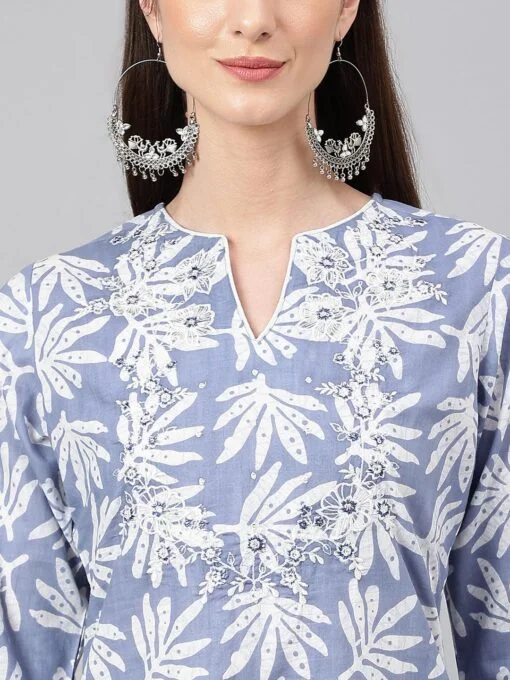 Dusty Blue Cotton Printed Straight Kurta - Image 3