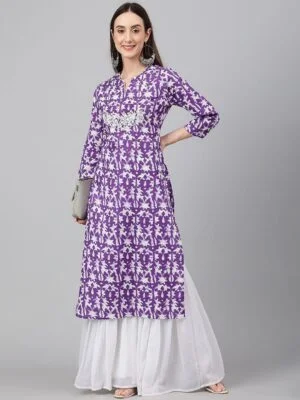 Purple Cotton Printed Straight Kurta
