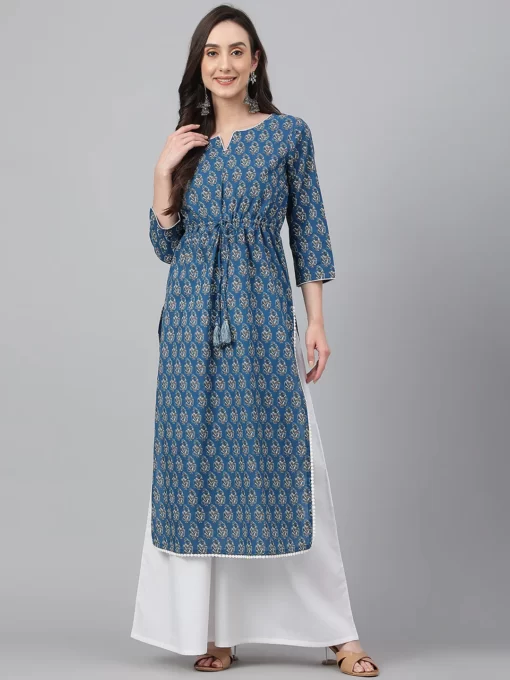 Teal Cotton Floral Print Straight Kurta