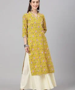 Mustard Cotton Floral Print Straight Kurta
