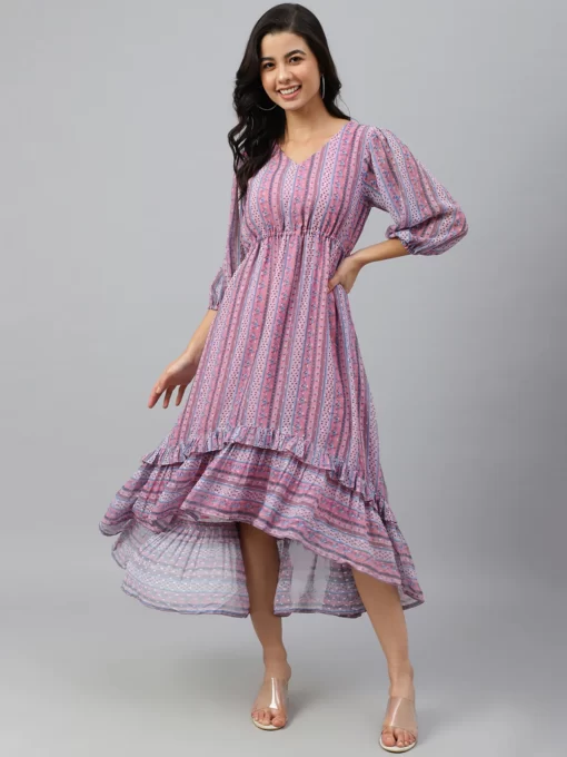 Pink Dobby Georgette Digital Print High Low Western Dress