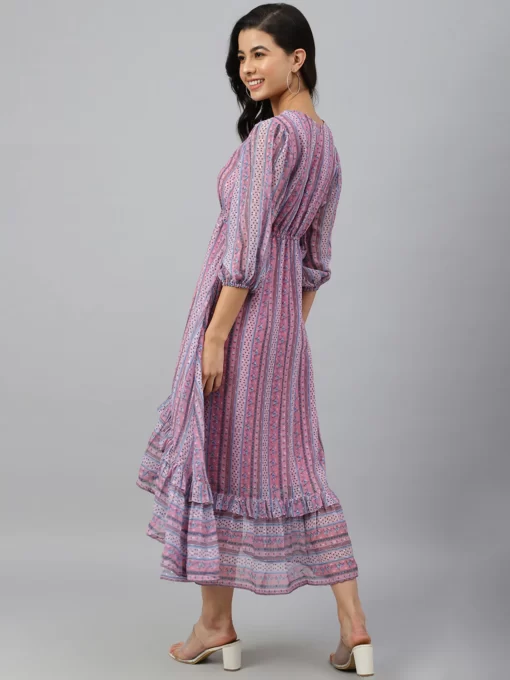 Pink Dobby Georgette Digital Print High Low Western Dress - Image 2