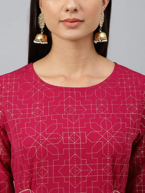Wine Poly Crepe Foil Print Flared Kurta - Image 3