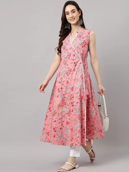 Women's Pink Cotton Floral Print Angrakha Kurta