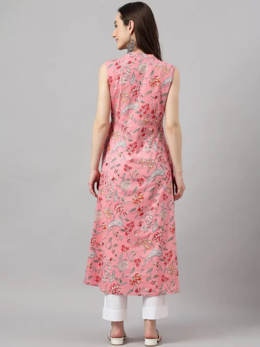 Women's Pink Cotton Floral Print Angrakha Kurta - Image 2