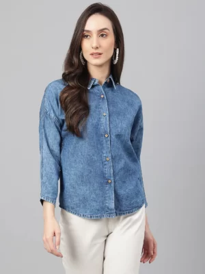 Blue Denim Solid Shirt Style Top