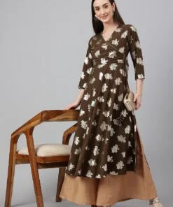 Olive Crepe Foil Print Angrakha Kurta