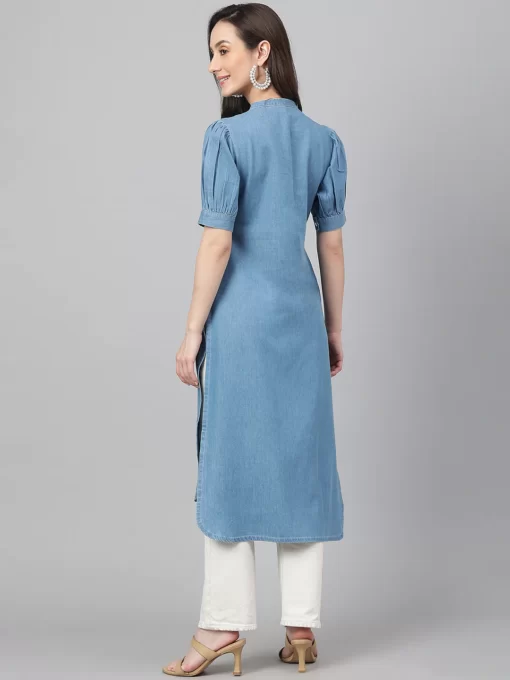 Light Blue Denim Solid High Low Kurta - Image 2