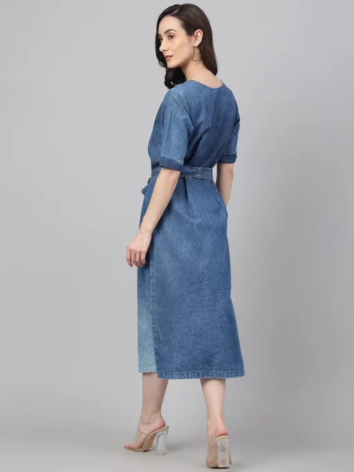 Blue Denim Solid Straight Western Dress - Image 2