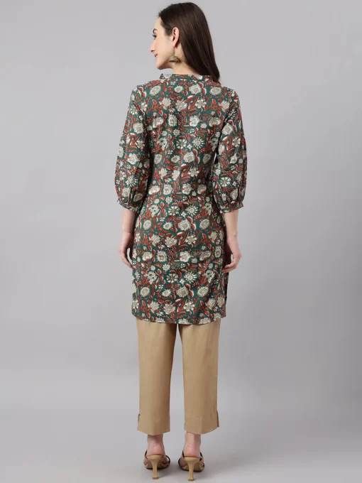 Women's DarkGreen Cotton Floral Print Regular Tunic - Image 2