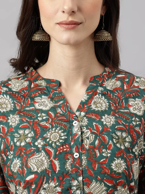 Women's DarkGreen Cotton Floral Print Regular Tunic - Image 3