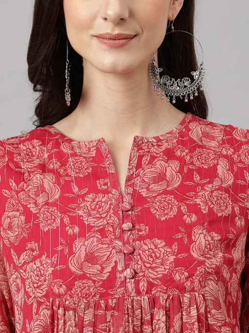 Women's Dark Pink Chiffon Lurex Floral Printed Flared Kurta - Image 3