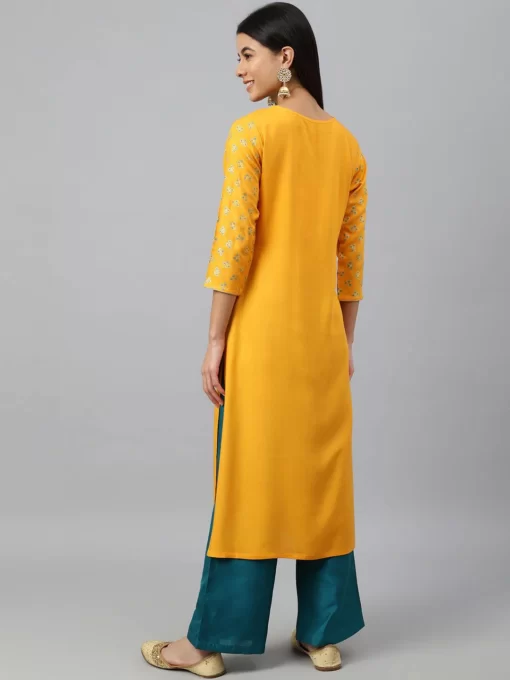 Orange Rayon Gold Floral Print Angarkha Kurta - Image 2